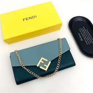 Fendi Two-Tone Teal & Dark Teal Leather Chain Clutch